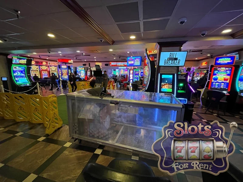 Event room with cash booth and promotional slot machines