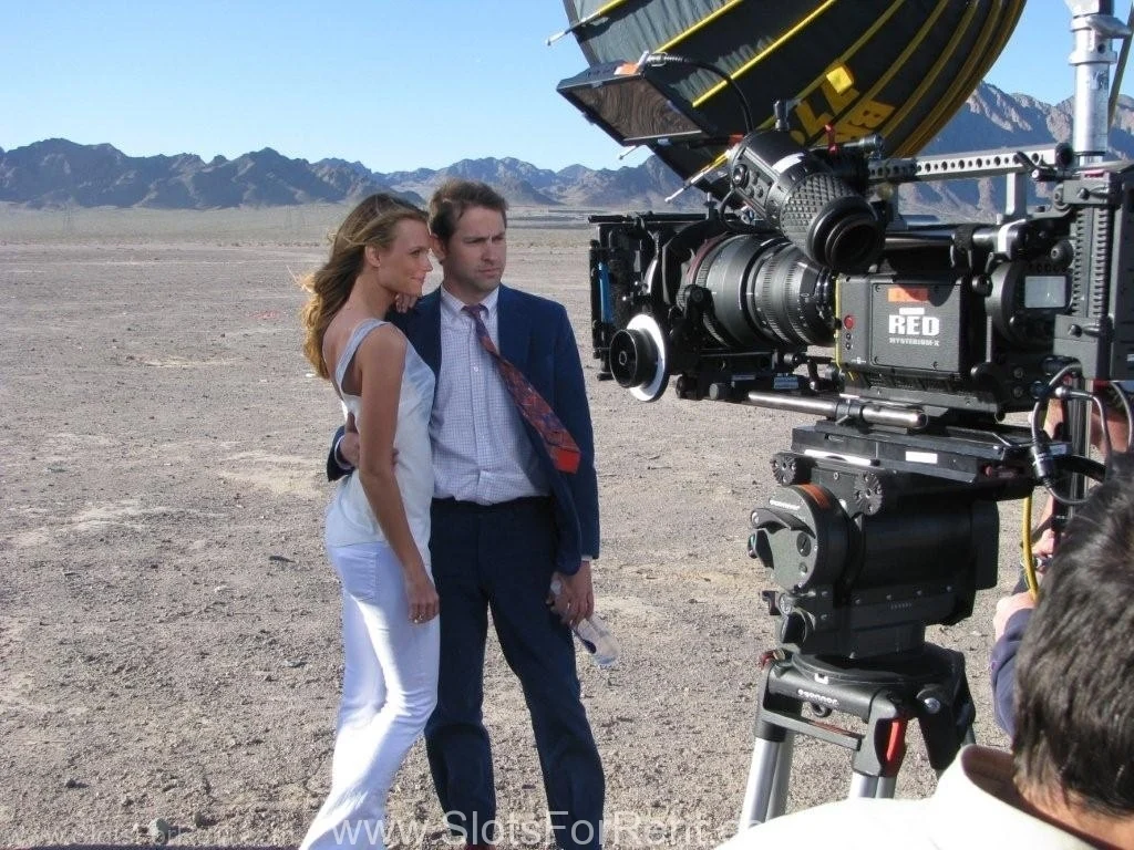 Performers and a camera rig on an outdoor film production set