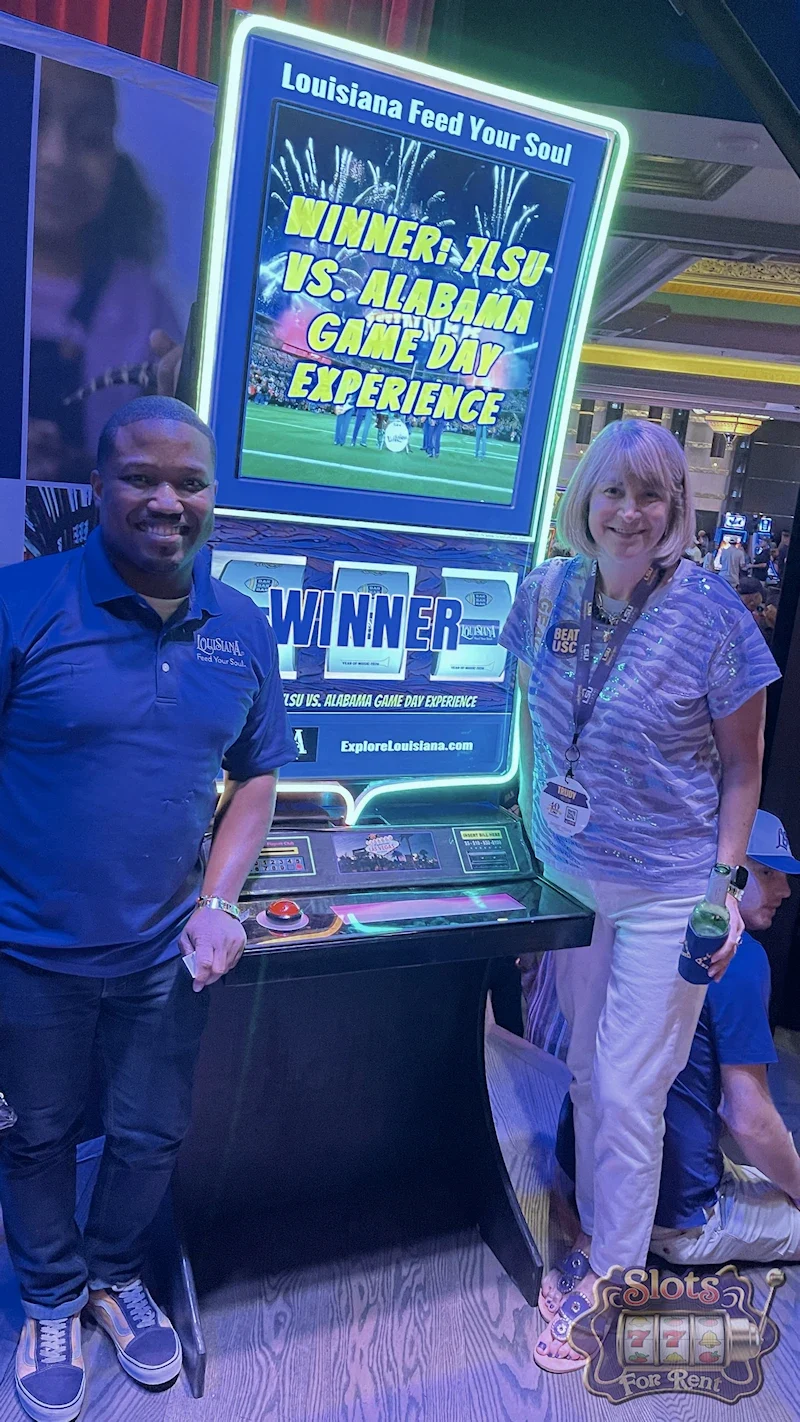 Louisiana-branded giant promotional slot machine with event guests