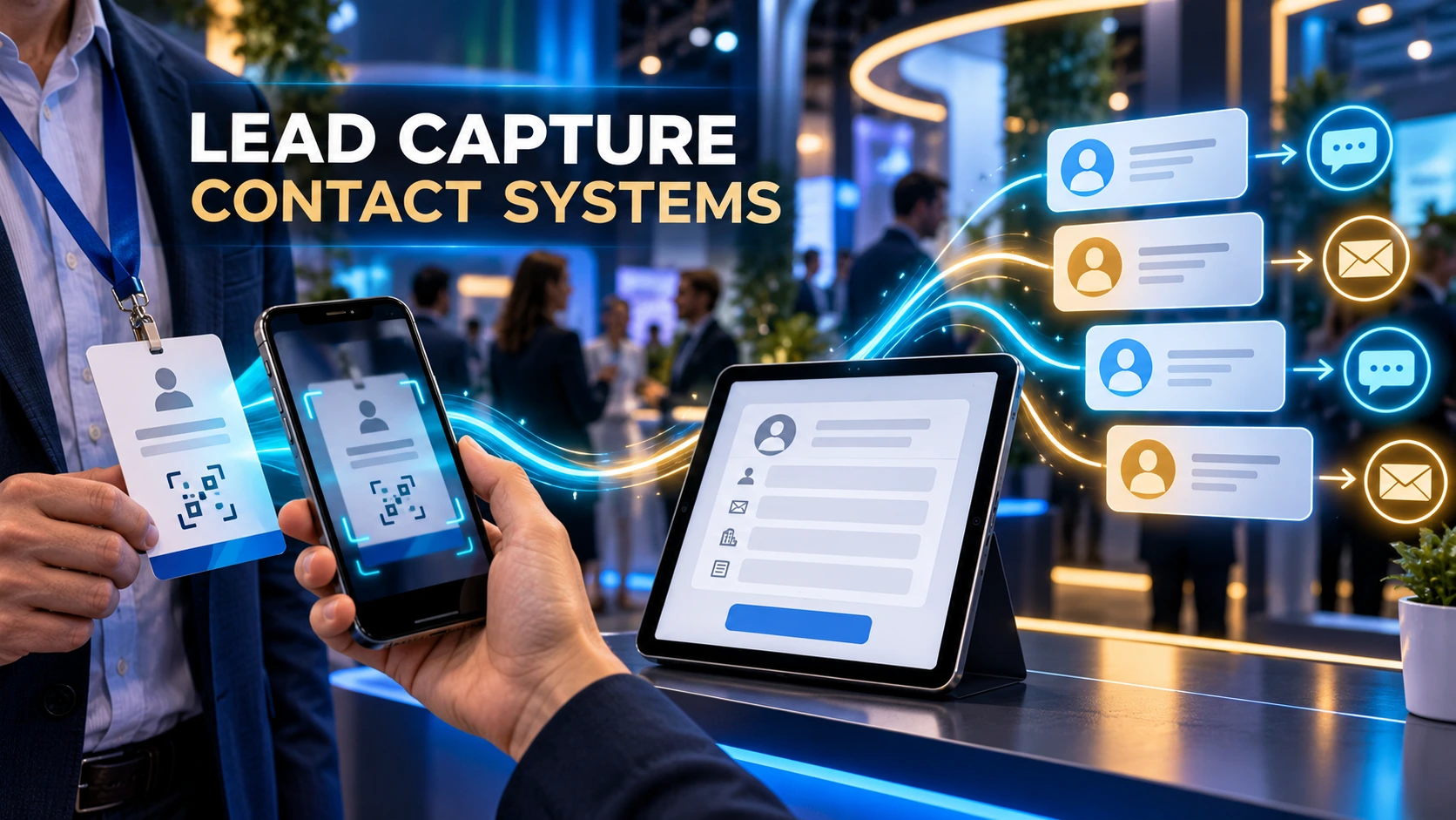 Lead capture graphic with badge scanning, a tablet contact form, organized contact records and follow-up messages