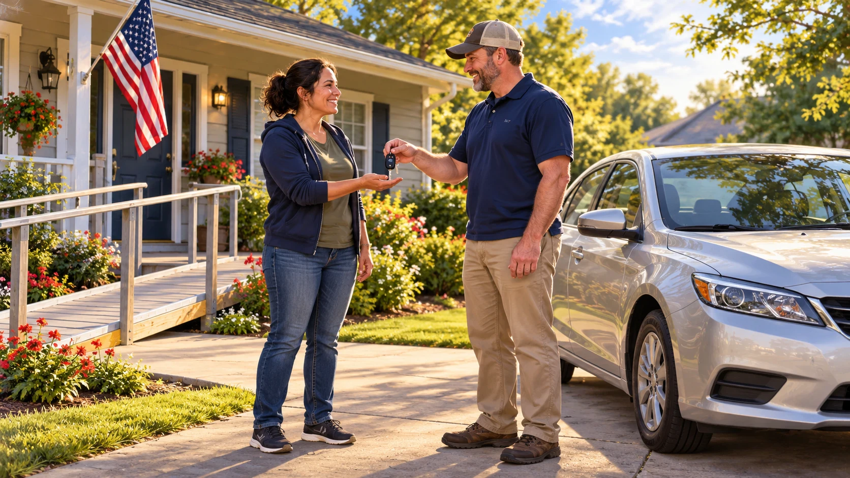 Illustration of a veteran receiving car keys beside a used car and an American flag