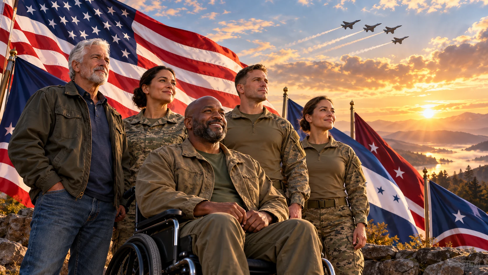 Patriotic illustration of veterans and service members with American flags and jets