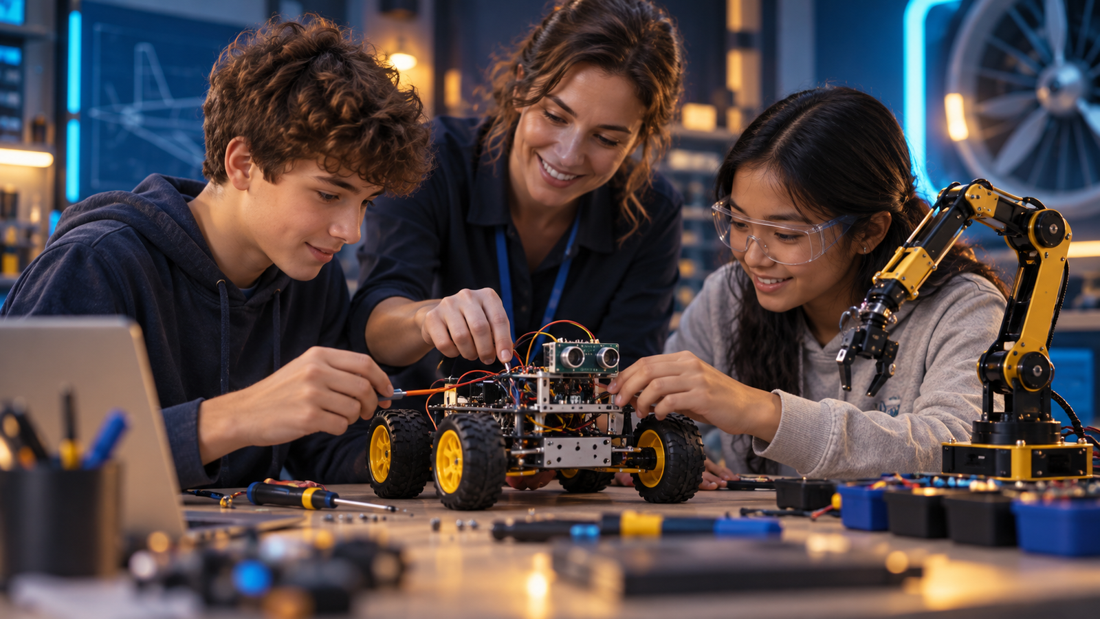 An educator and students assembling a wheeled robot beside a robotic arm