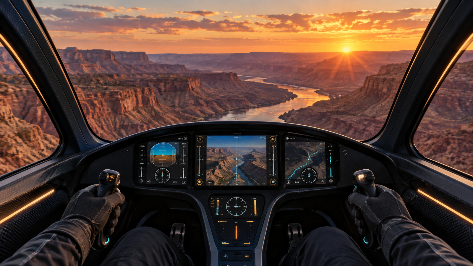 Pilot point of view with hands on simulator controls and a virtual river landscape ahead