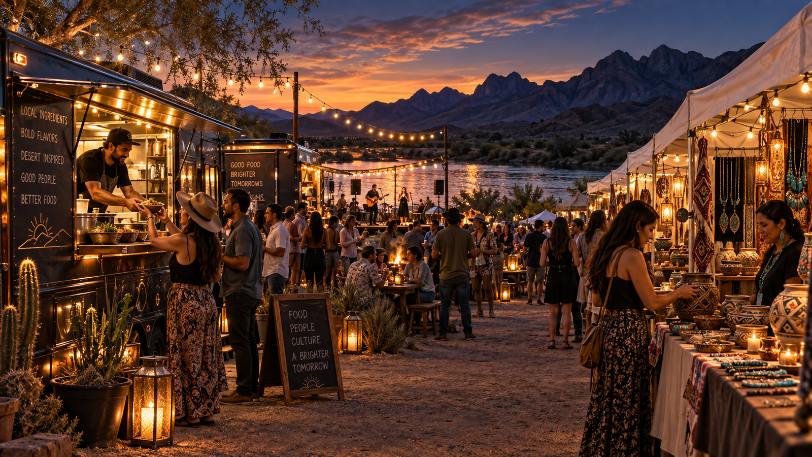 Local food trucks and craft vendors at a riverfront festival, concept illustration