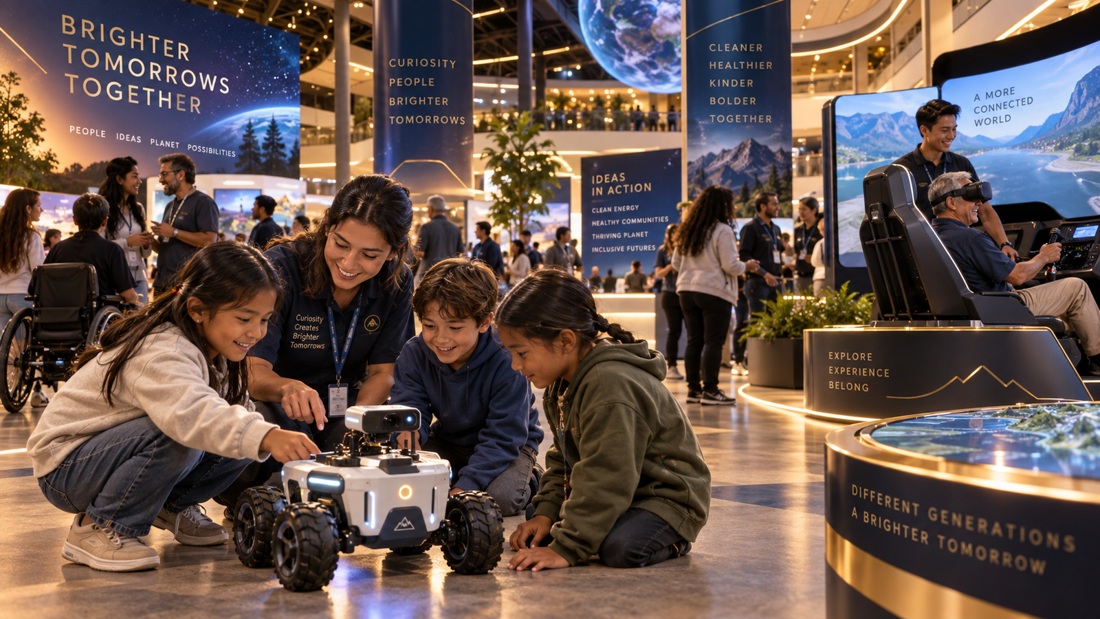 Families exploring robotics and simulator activities together, concept illustration