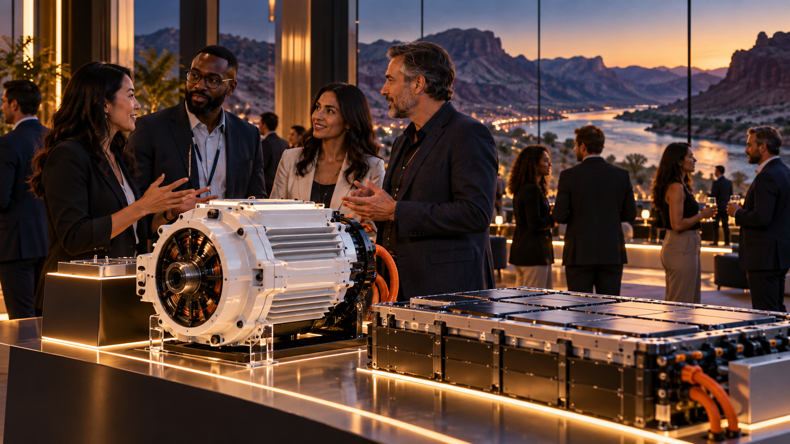 Engineers and founders discussing an electric motor display in an anonymous riverfront expo pavilion