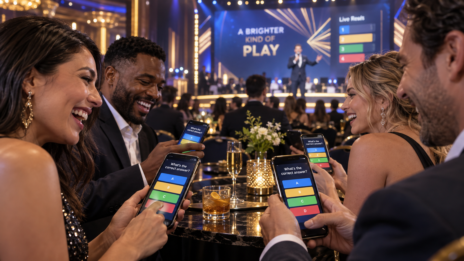Friends enjoying the audience game on their phones