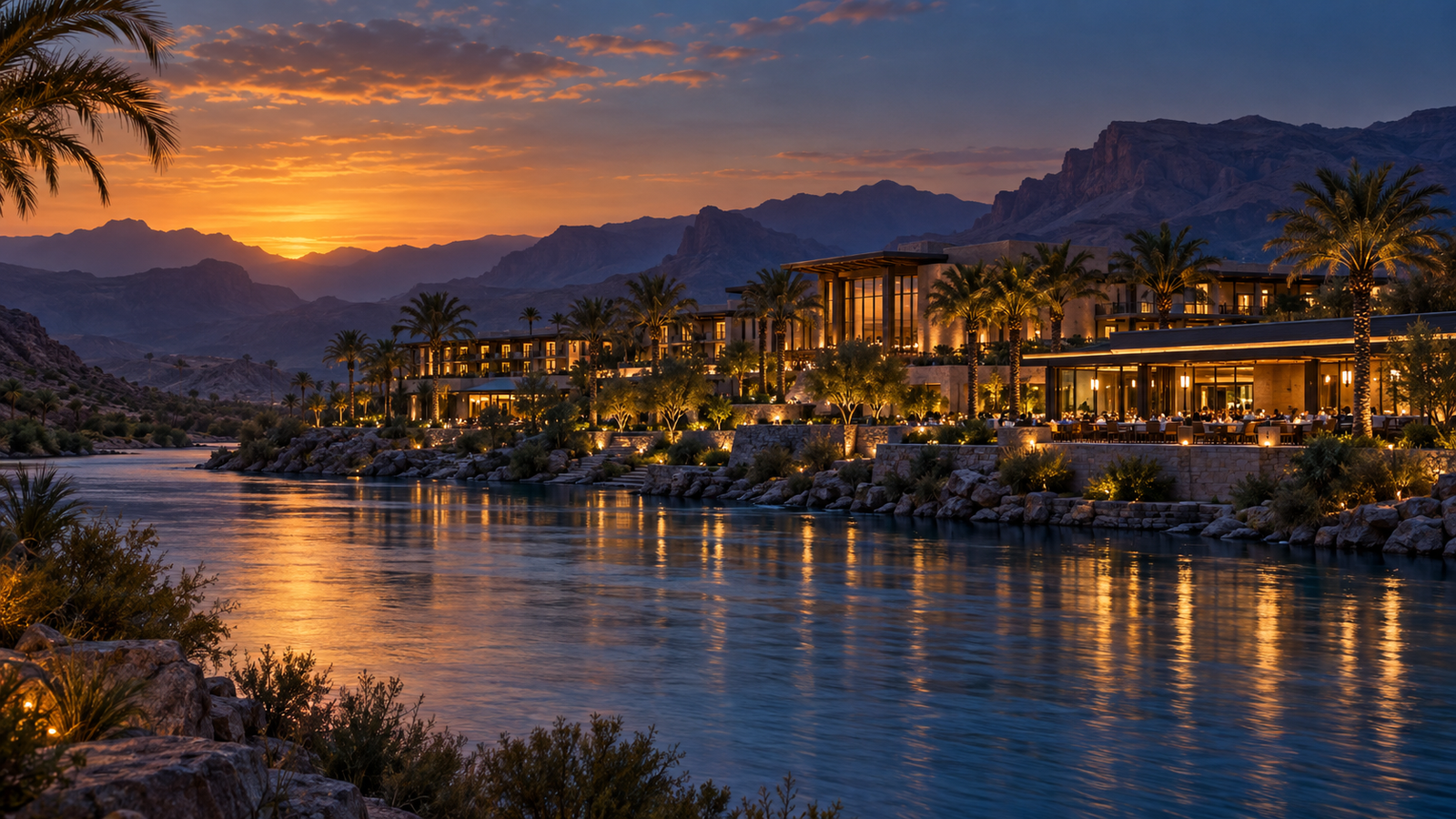 Original concept of an unbranded riverfront resort terrace with palms and desert mountains at dusk
