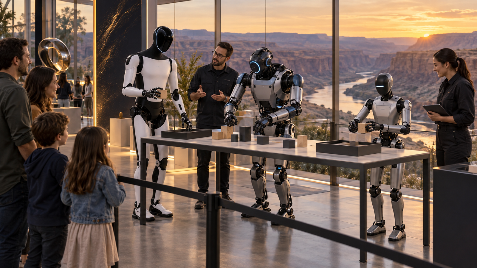 Concept illustration of three humanoid robots demonstrated by engineers for a festival audience