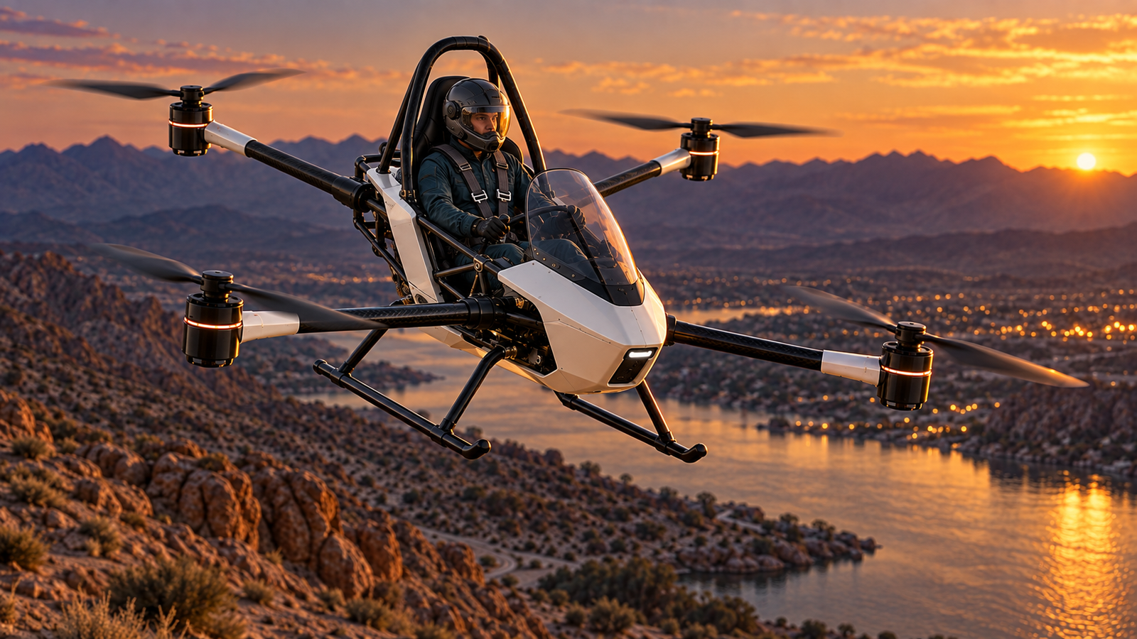 Original piloted four-rotor electric personal aircraft concept above the Colorado River